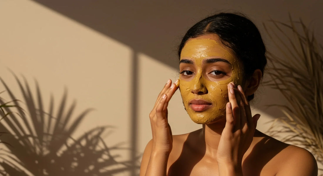 Woman with Fuller's Earth clay mask for balancing oily and acne-prone skin naturally