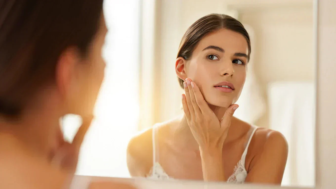 Woman gently touching her jawline and chin, checking for hormonal acne breakouts in a mirror.