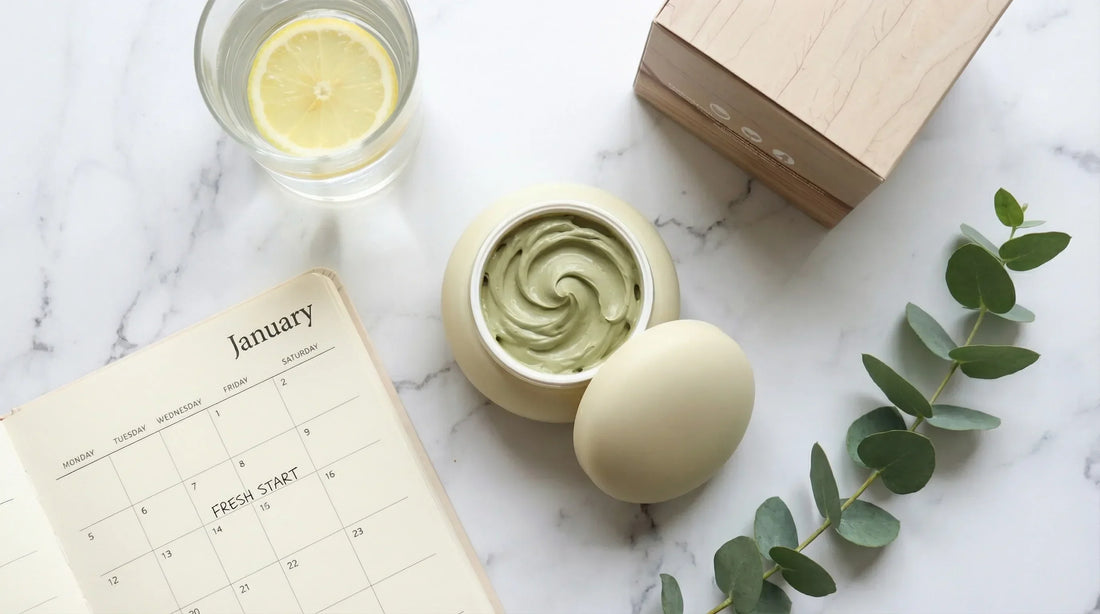 Flat lay showing a 4-step skin detox routine with a purifying multani mitti clay mask, lemon water, and a planner for a New Year skincare reset.