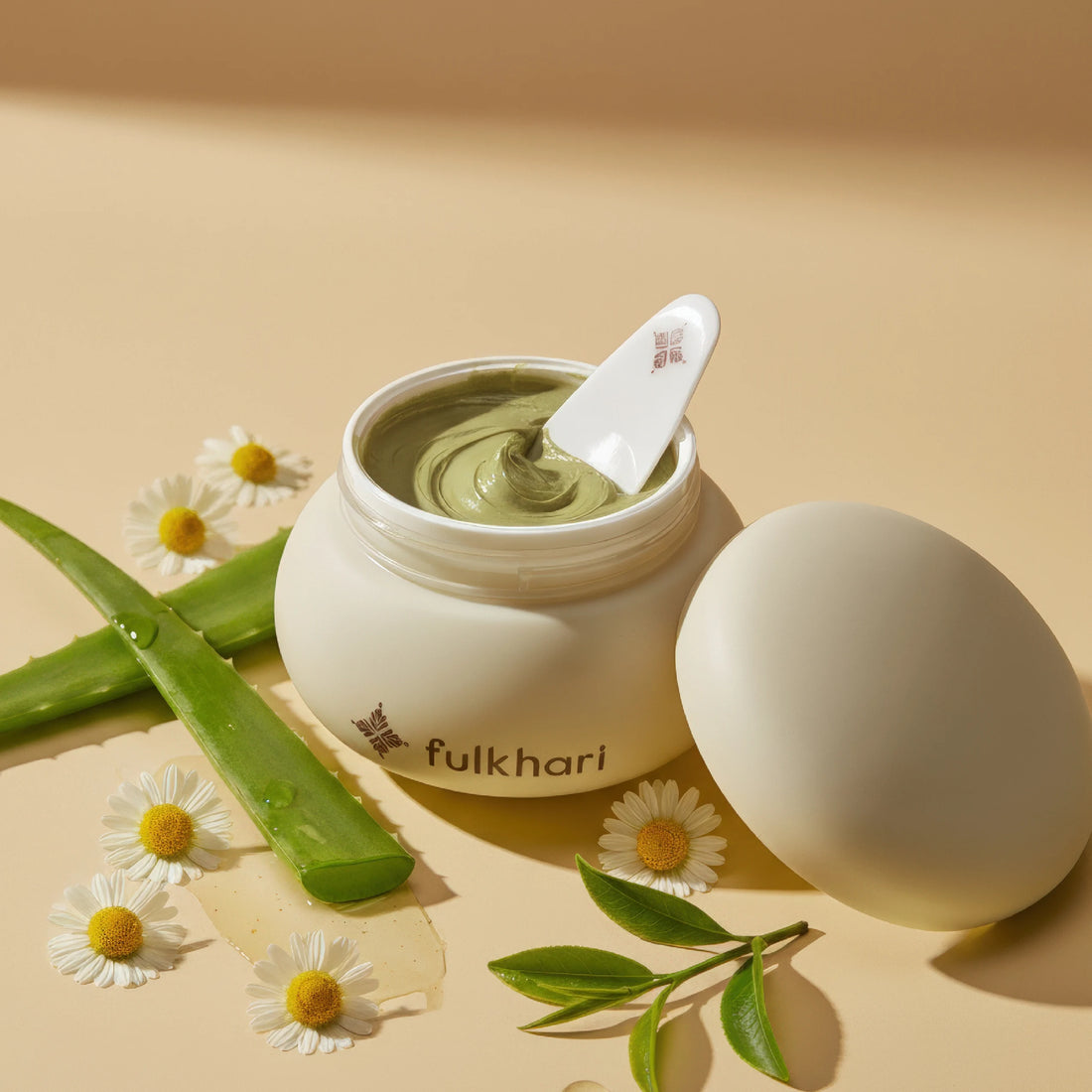 Clarifying Fuller's Earth clay mask with Aloe Vera, Chamomile, and Tea Tree to detoxify pores and control oil.