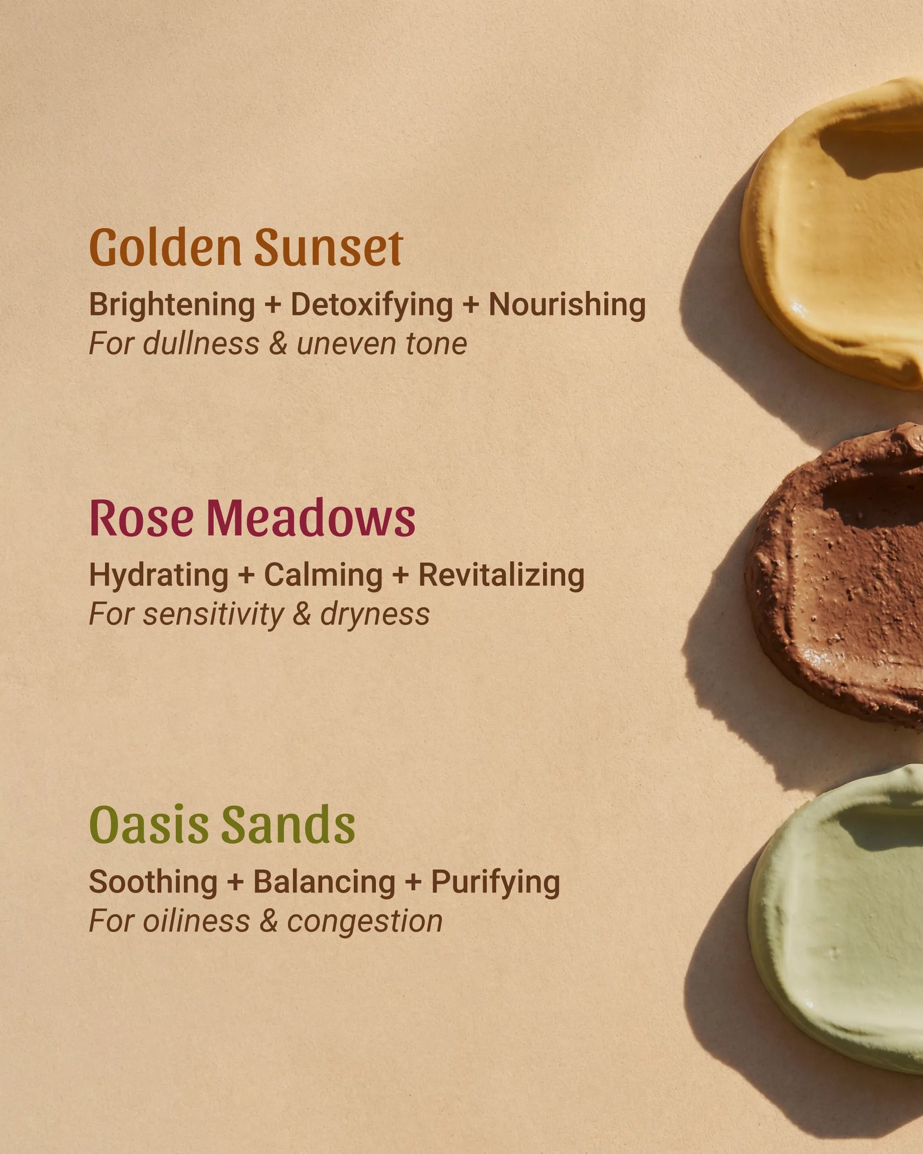 Guide to Fulkhari clay mask benefits: Golden Sunset for brightening, Rose Meadows for soothing, and Oasis Sands for purifying acne-prone skin.