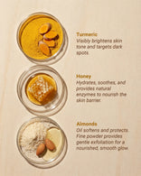 Deconstructed ingredients for Golden Sunset mask including raw turmeric, almond oil and honey, the base of this Fuller's Earth clay formula.