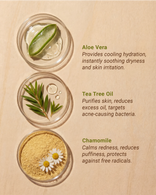 Deconstructed Oasis Sands ingredients include fresh aloe gel, chamomile, and tea tree, showcasing the power of Fuller's Earth clay.