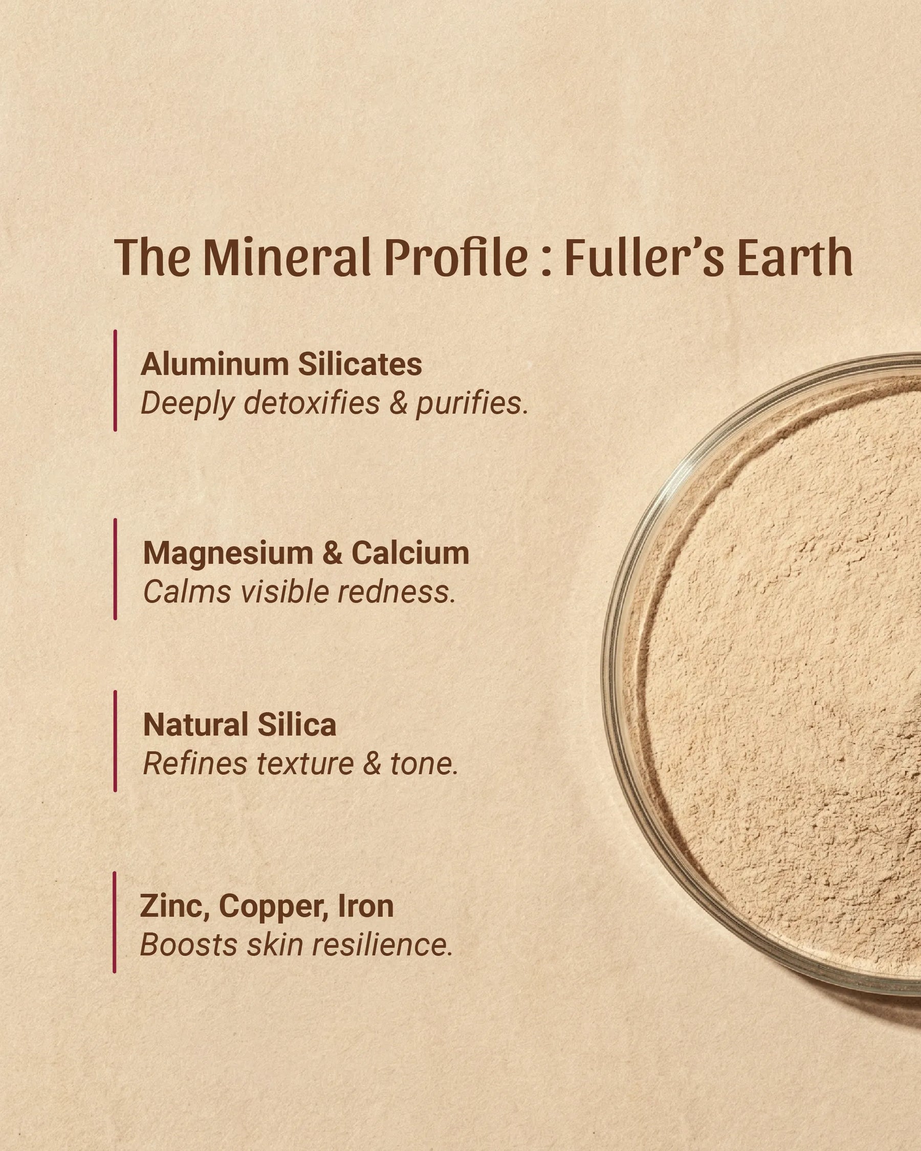 Science of Fuller's Earth (Multani Mitti) showing how Aluminum Silicates absorb toxins without stripping skin.