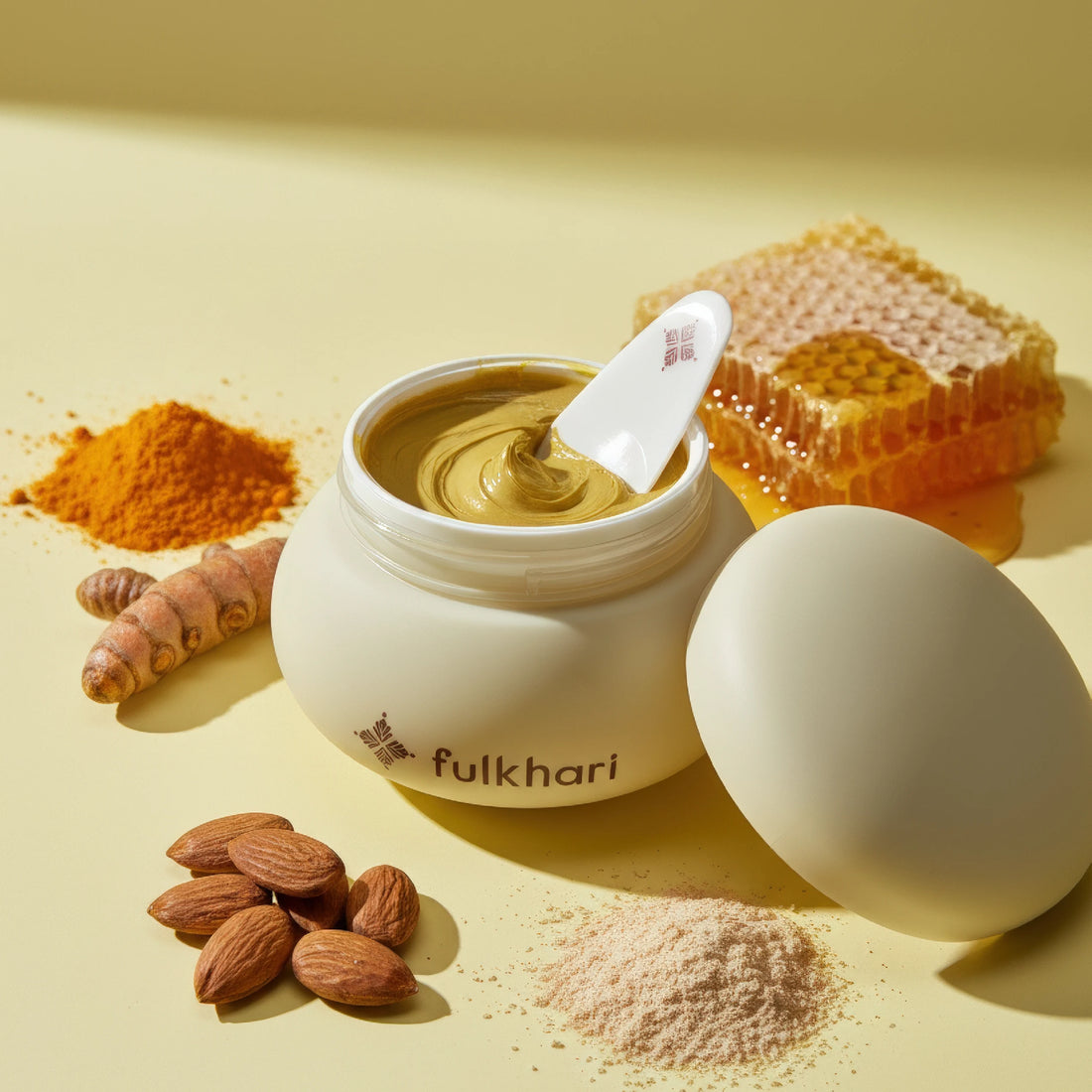 Whipped texture of Golden Sunset brightening clay mask made with Multani Mitti (Fuller's Earth), honey, and almonds.
