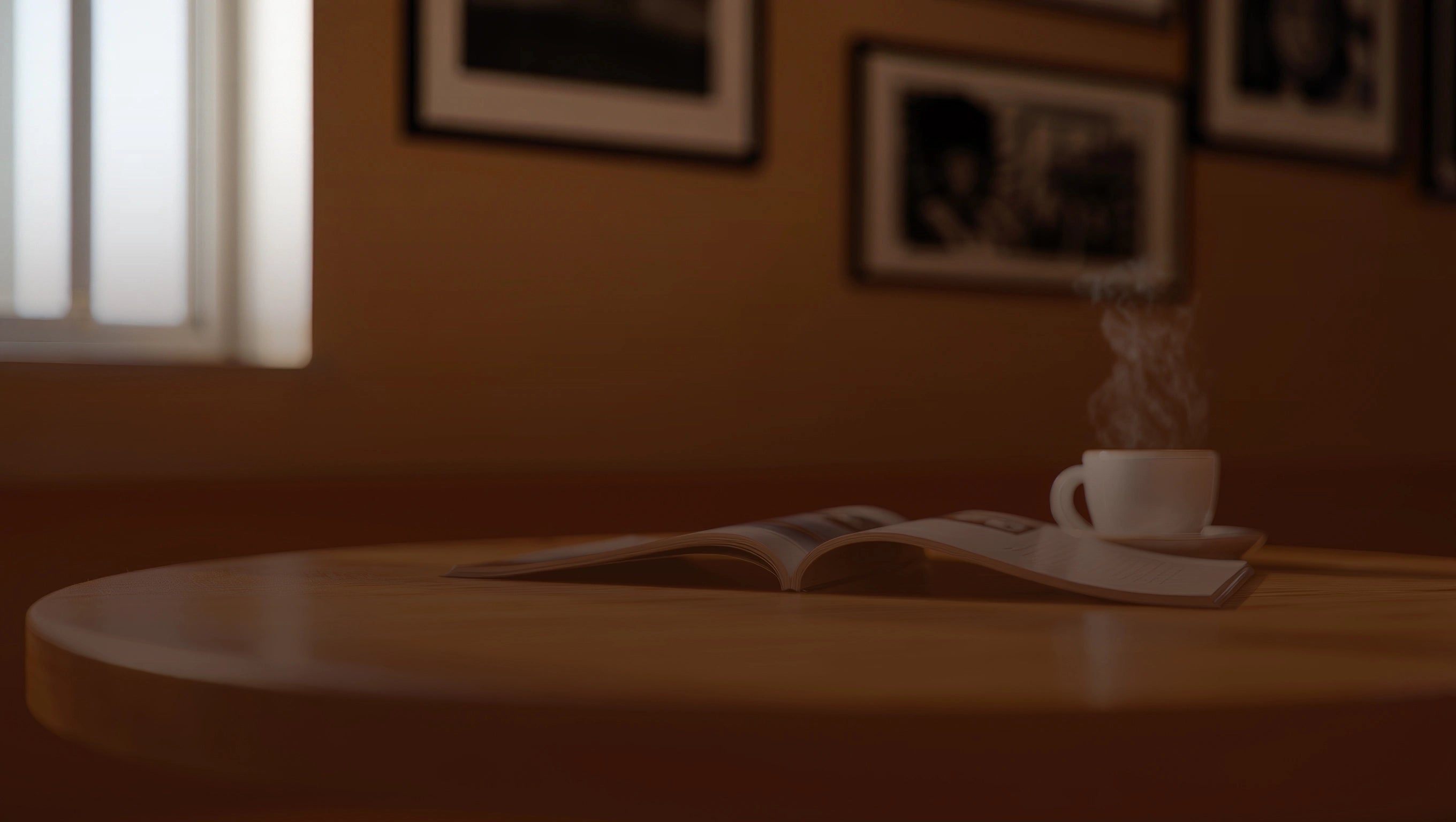 Cup of coffee and open book on a wooden table with a warm ambiance