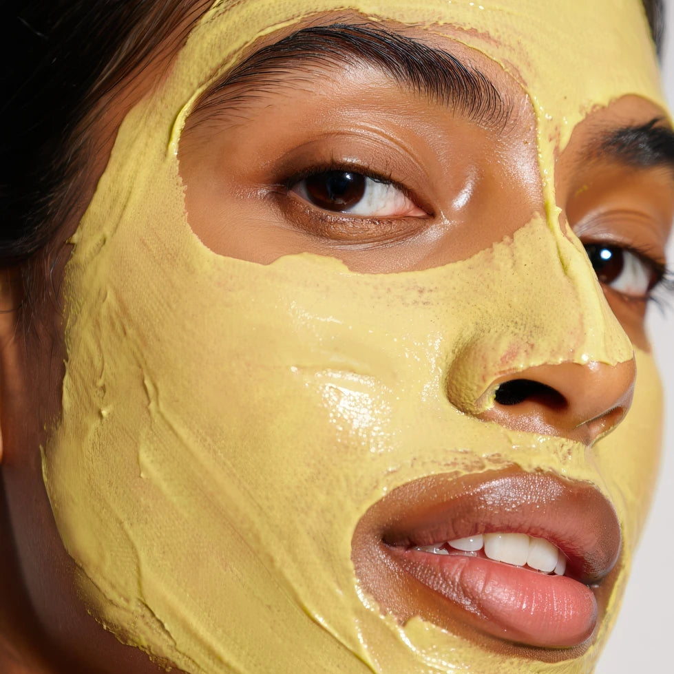 Close-up of a model wearing a yellow turmeric and Fuller's Earth clay mask to brighten skin and reduce dark spots.